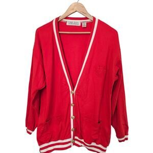 Vintage Karen Scott Cardigan Womens Lg Red Preppy Nautical Cottage Academia 80s
